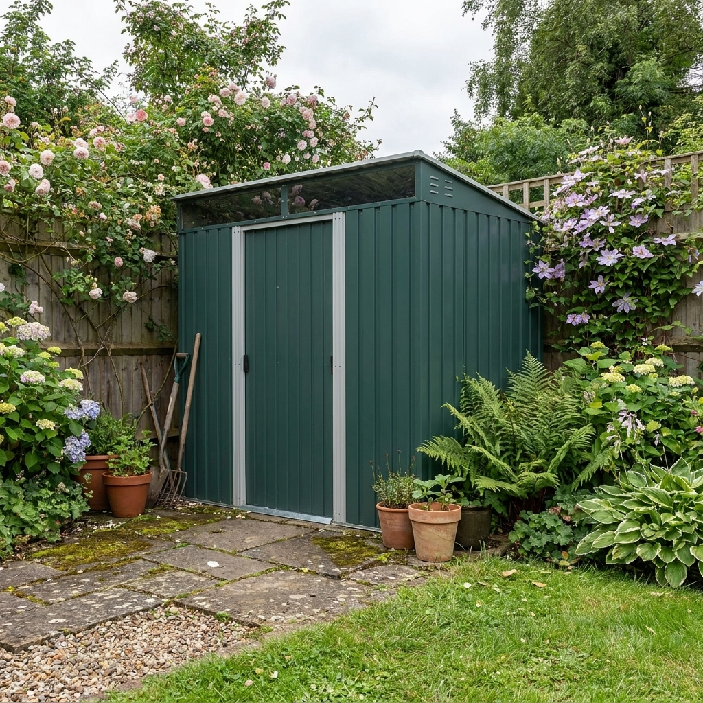 6.5ft x 4ft Green Metal Shed With Sloping Roof