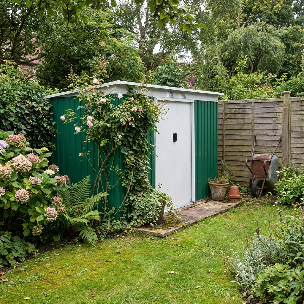 Deep Green 9ft x4 ft Metal Outdoor Garden Shed with Floor Foundation, Ventilation System, and Double Doors