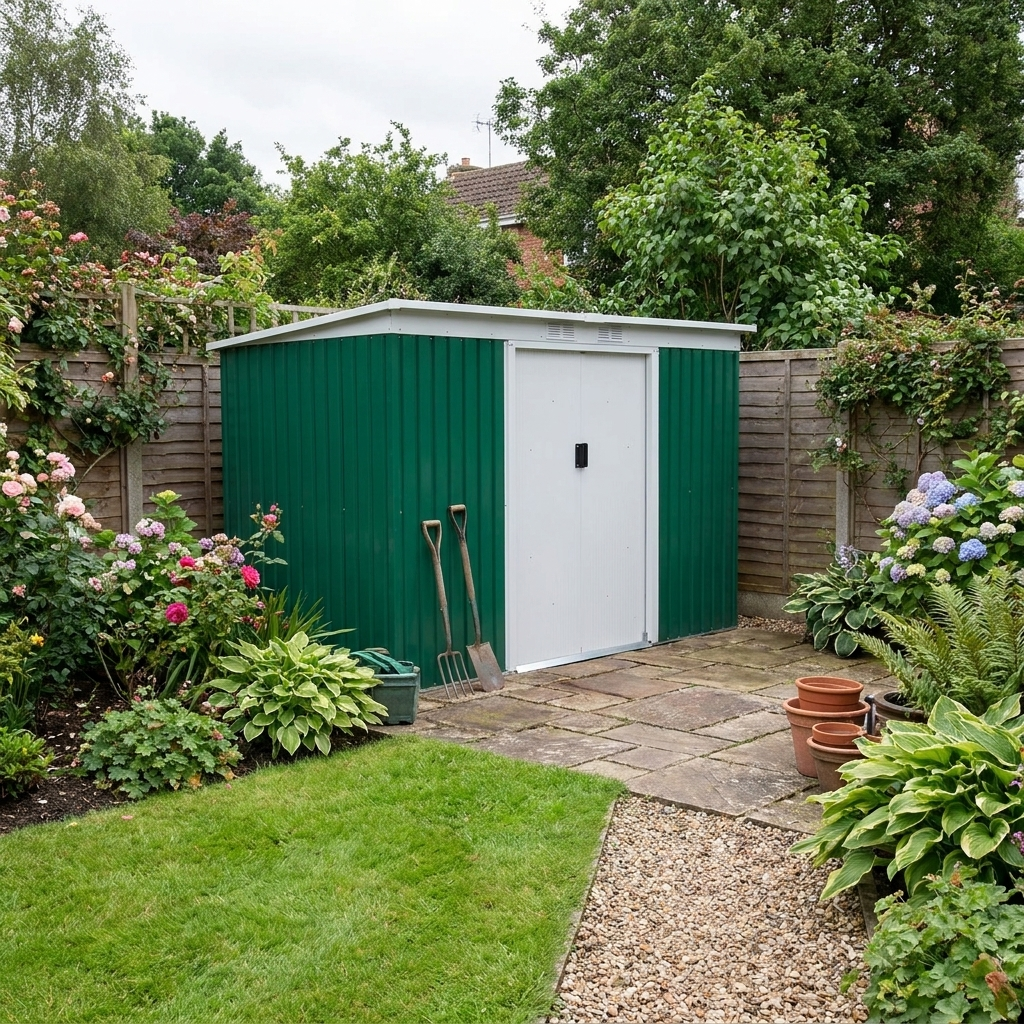Deep Green 9ft x4 ft Metal Outdoor Garden Shed with Floor Foundation, Ventilation System, and Double Doors