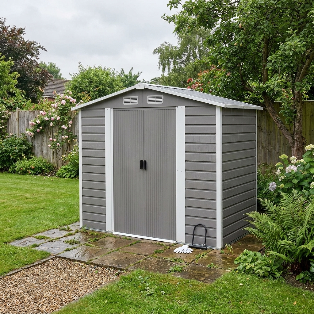 7x4ft Metal Garden Shed - Easy Assembly, Galvanised Steel, Double Doors, Vents, Light Grey