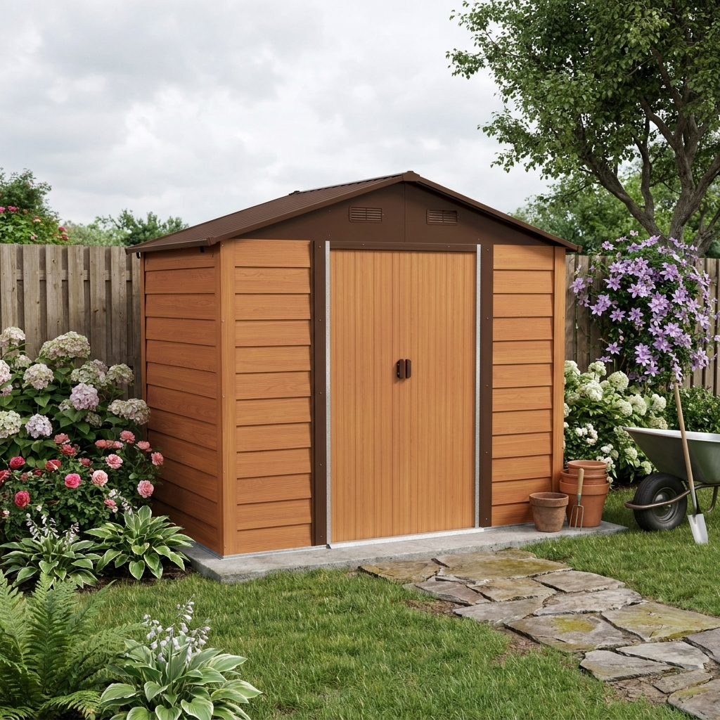 6ft x 8ft Garden Storage Shed with Sliding Door - Durable Brown Wood Effect Outdoor Storage