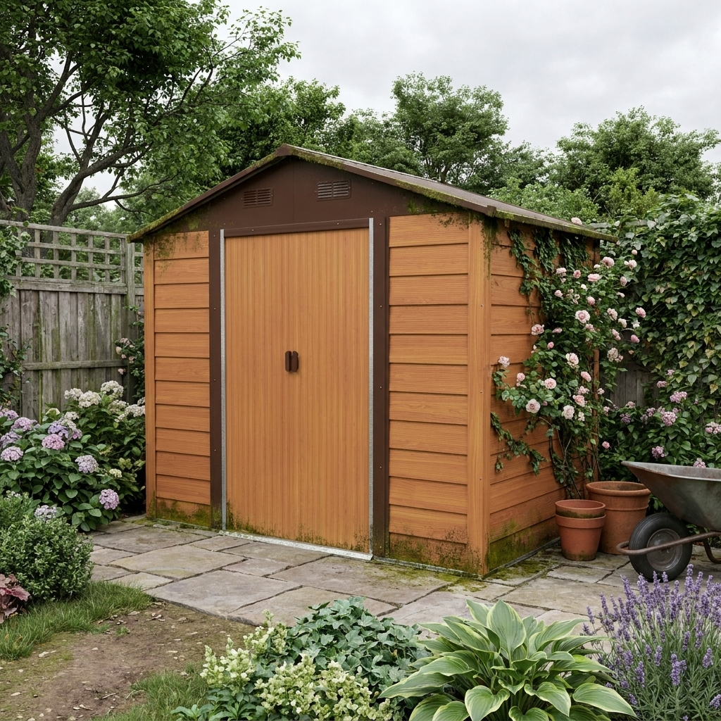6ft x 8ft Garden Storage Shed with Sliding Door - Durable Brown Wood Effect Outdoor Storage