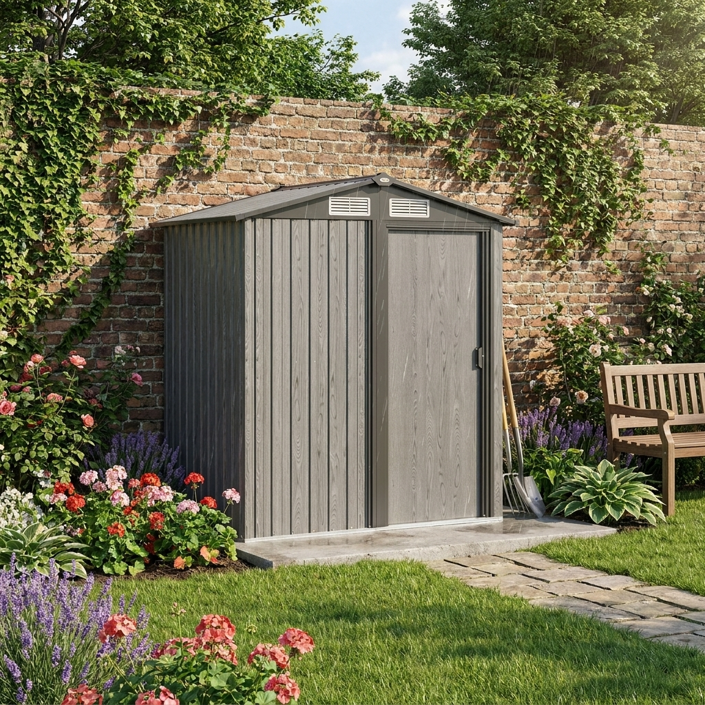 5ft x 4.3ft Outdoor Garden Storage Shed - Grey Wooden Effect, Durable & Weatherproof