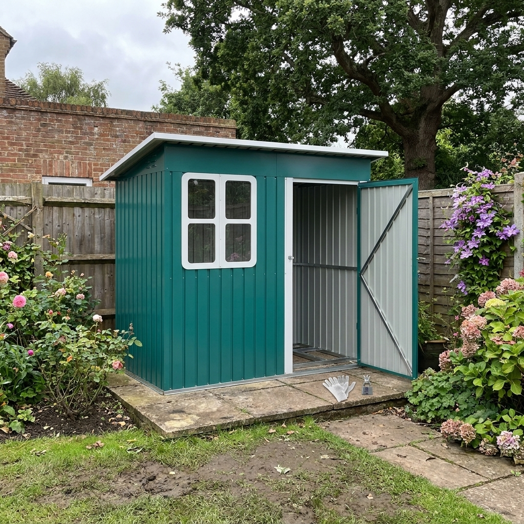 7ft x 4ft Green Galvanised Steel Garden Shed with Lock and Gloves