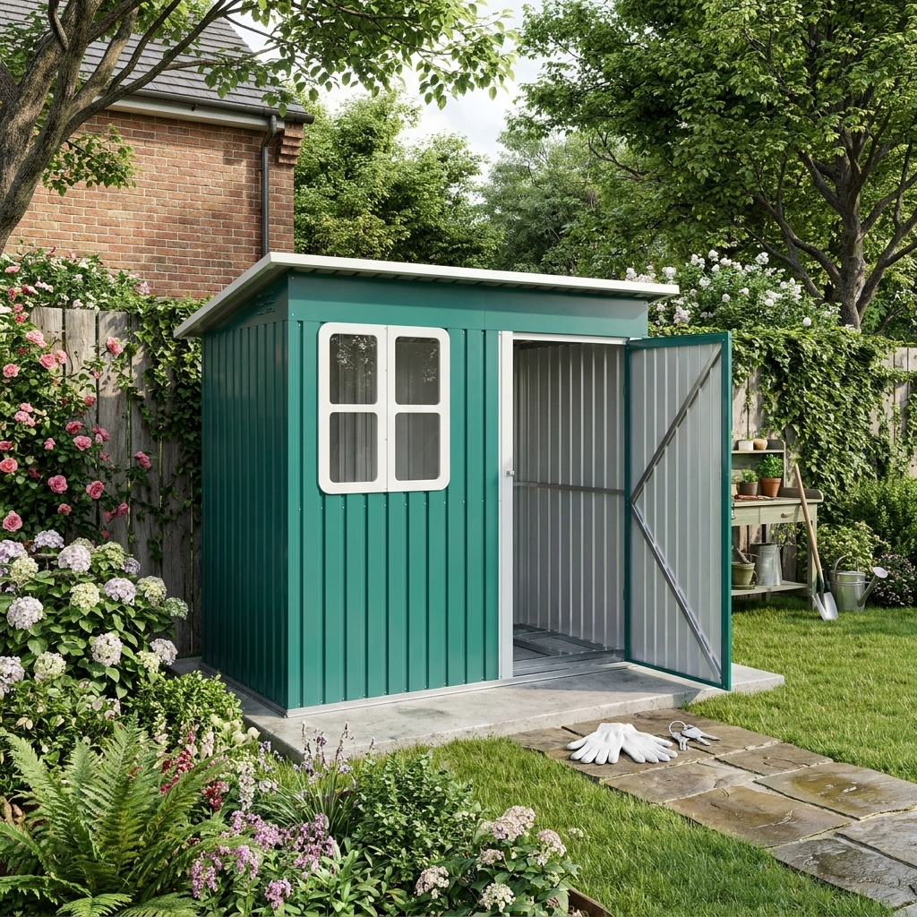 7ft x 4ft Green Galvanised Steel Garden Shed with Lock and Gloves