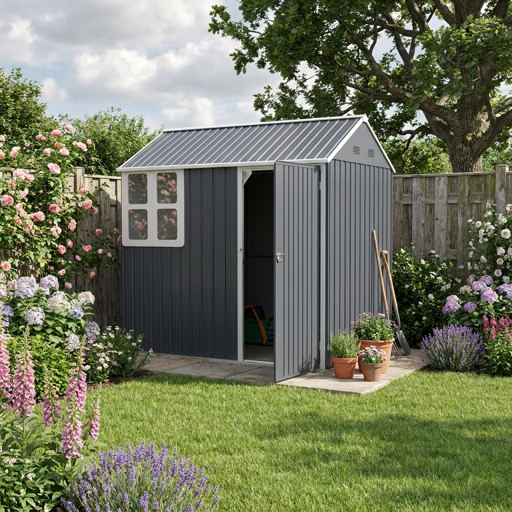 7x6ft Dark Grey Galvanised Garden Shed with Latch - Durable Outdoor Storage Solution