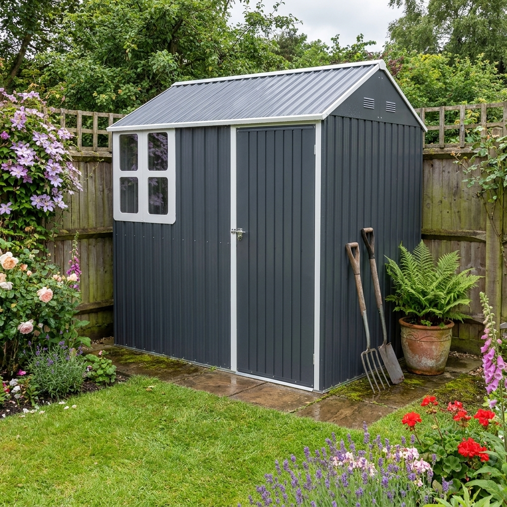 7x6ft Dark Grey Galvanised Garden Shed with Latch - Durable Outdoor Storage Solution