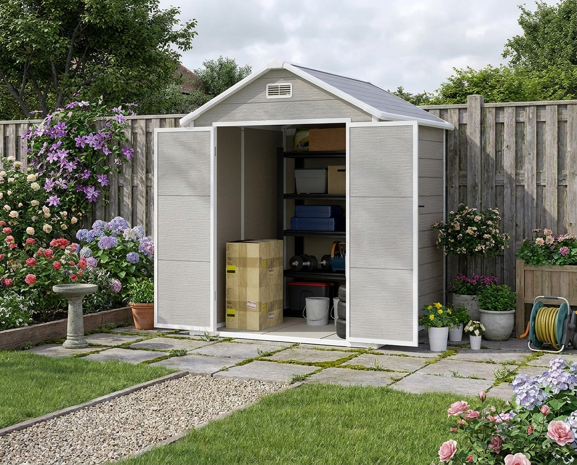 6 x 5ft Dark Grey Plastic Garden Shed with Floor, Window, Lockable Doors and Vents - Wood Effect Resin Tool Storage for Outdoor Patio
