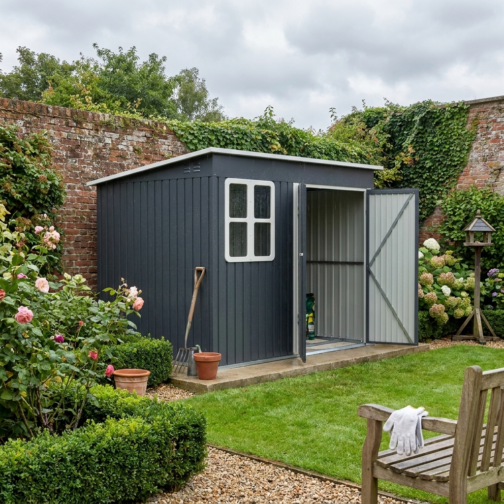 8.5 x 6ft Dark Grey Galvanised Steel Storage Shed - Metal Garden Shed with Foundation Kit, Window, Lockable Wide Doors & Air Vents for Outdoor Patio
