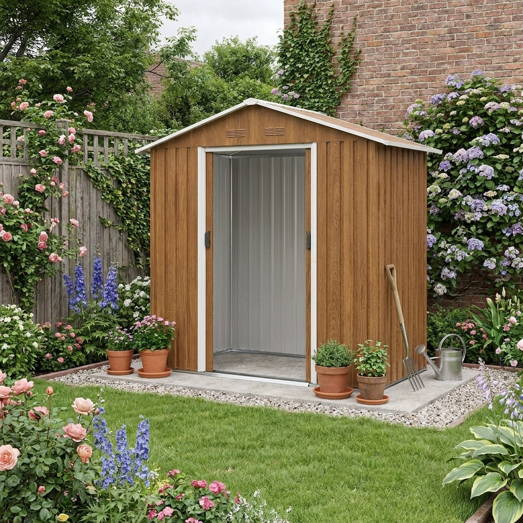 6.5ft x 3.5ft Brown Wood Effect Metal Shed