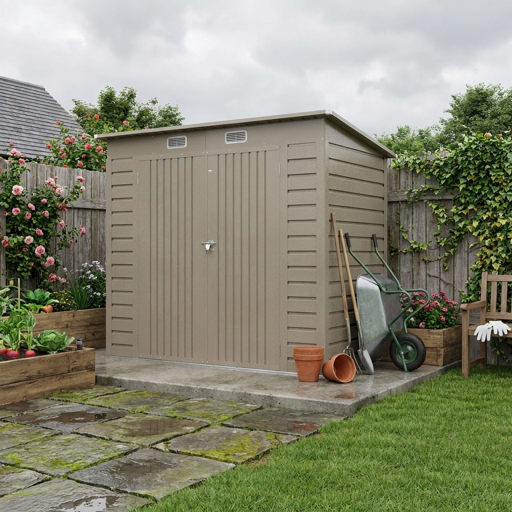 3.7ft x 7.9ft Light Grey Metal Shed With Latched Door, Gloves and Padlock