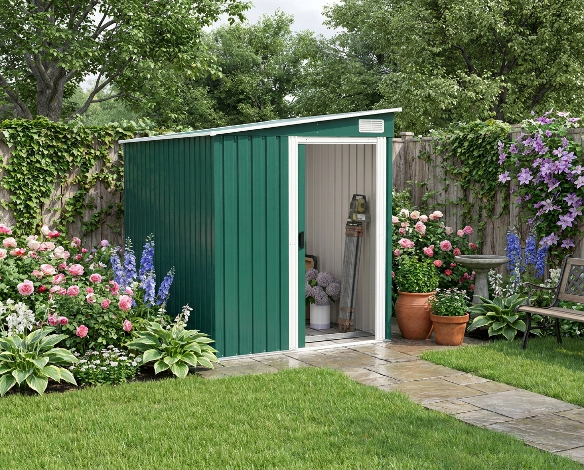 Green 7ft x 5ft Lean-To Metal Shed with Sliding Door