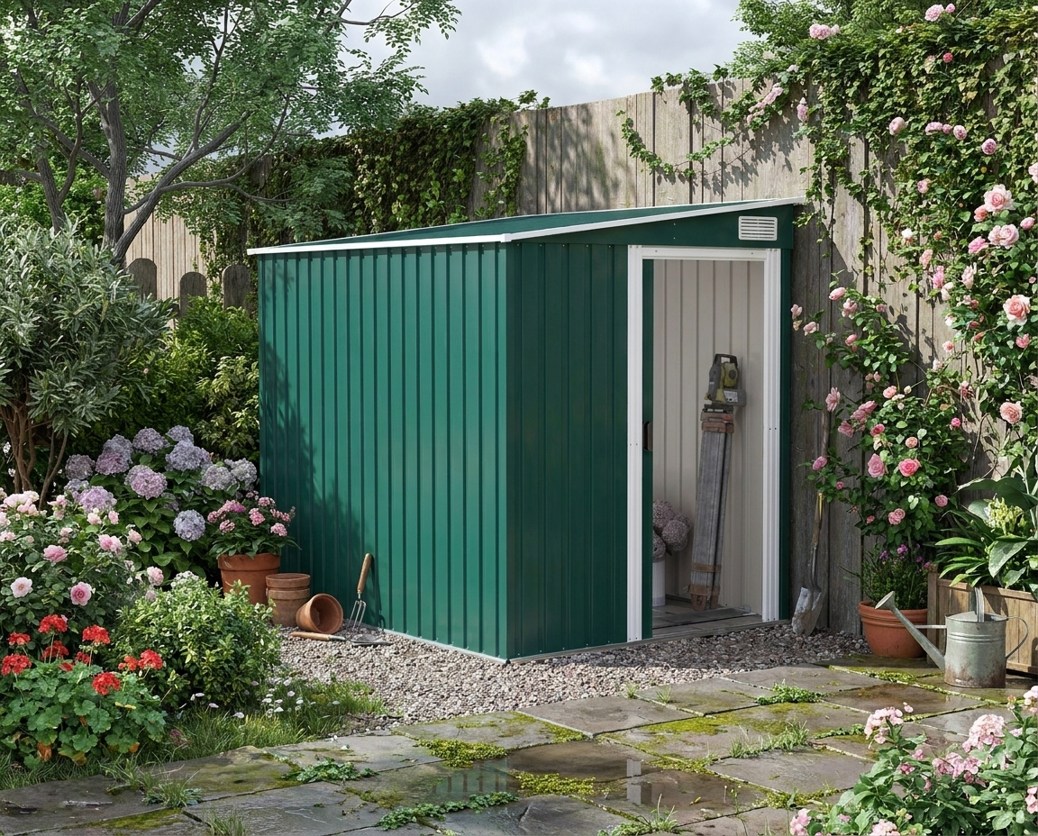 Green 7ft x 5ft Lean-To Metal Shed with Sliding Door