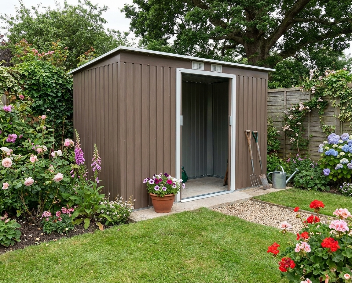 Light Grey Woodgrain 9ft x 4ft Metal Garden Shed with Ventilation & Foundation Kit