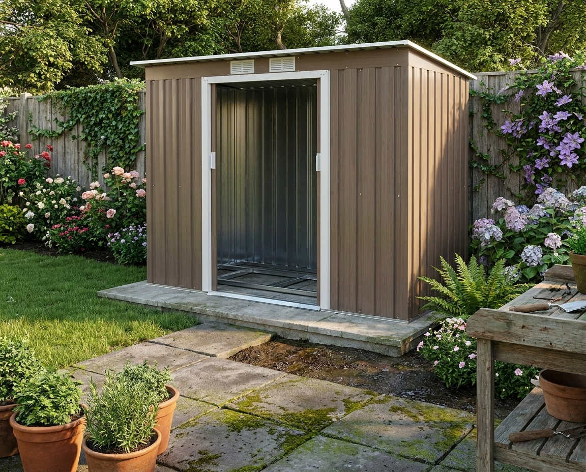 Light Grey Woodgrain 9ft x 4ft Metal Garden Shed with Ventilation & Foundation Kit