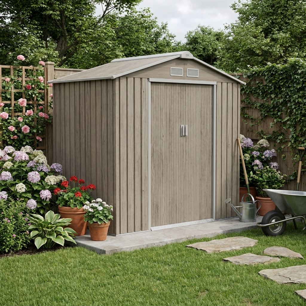 7ft x 4ft Light Brown Metal Storage Shed With Lockable Double Doors & Floor Foundation Kit