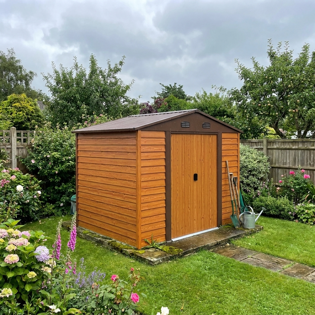 Brown 9ft x 6ft Metal Garden Shed - Garden Tool Storage Space with Vents, Sliding Doors & Sloped Roof