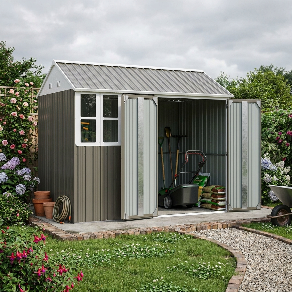 Grey and White Corrugated Shed With Window