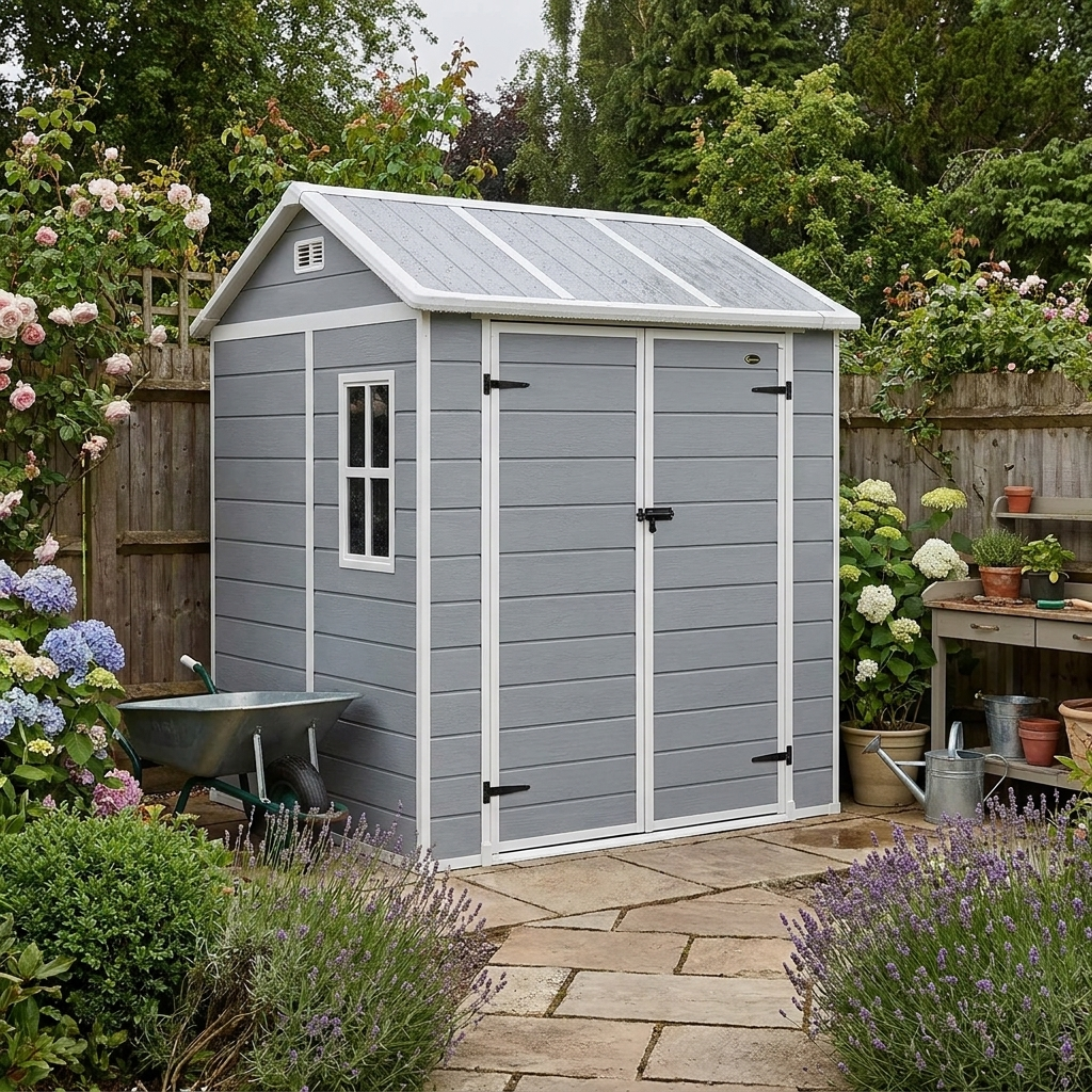 6ft x 6ft Garden Shed with Floor, Windows, Lockable Doors and Vents - Wood Effect Resin Tool Shed for Outdoor Patios