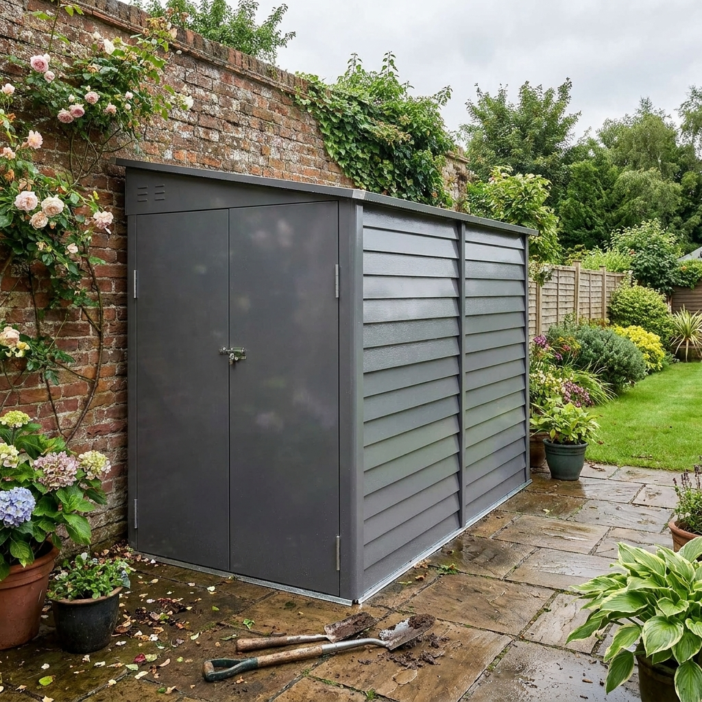 5x9ft Galvanised Metal Garden Shed with Foundation Kit – Lockable Outdoor Lean-to Storage with Vents & Gloves – Grey