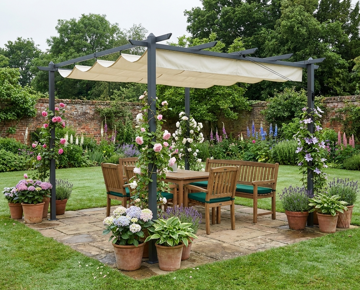 4m x 3m Metal Pergola - Dark Grey Frame With Beige Cloth