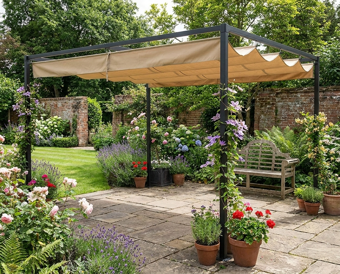 3m x 2m Khaki Pergola With Retractable Roof, Garden Gazebo Canopy Shelter for Outdoor