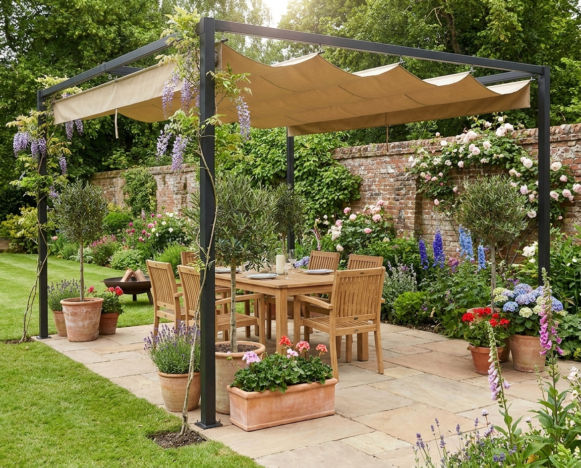 3m x 2m Khaki Pergola With Retractable Roof, Garden Gazebo Canopy Shelter for Outdoor
