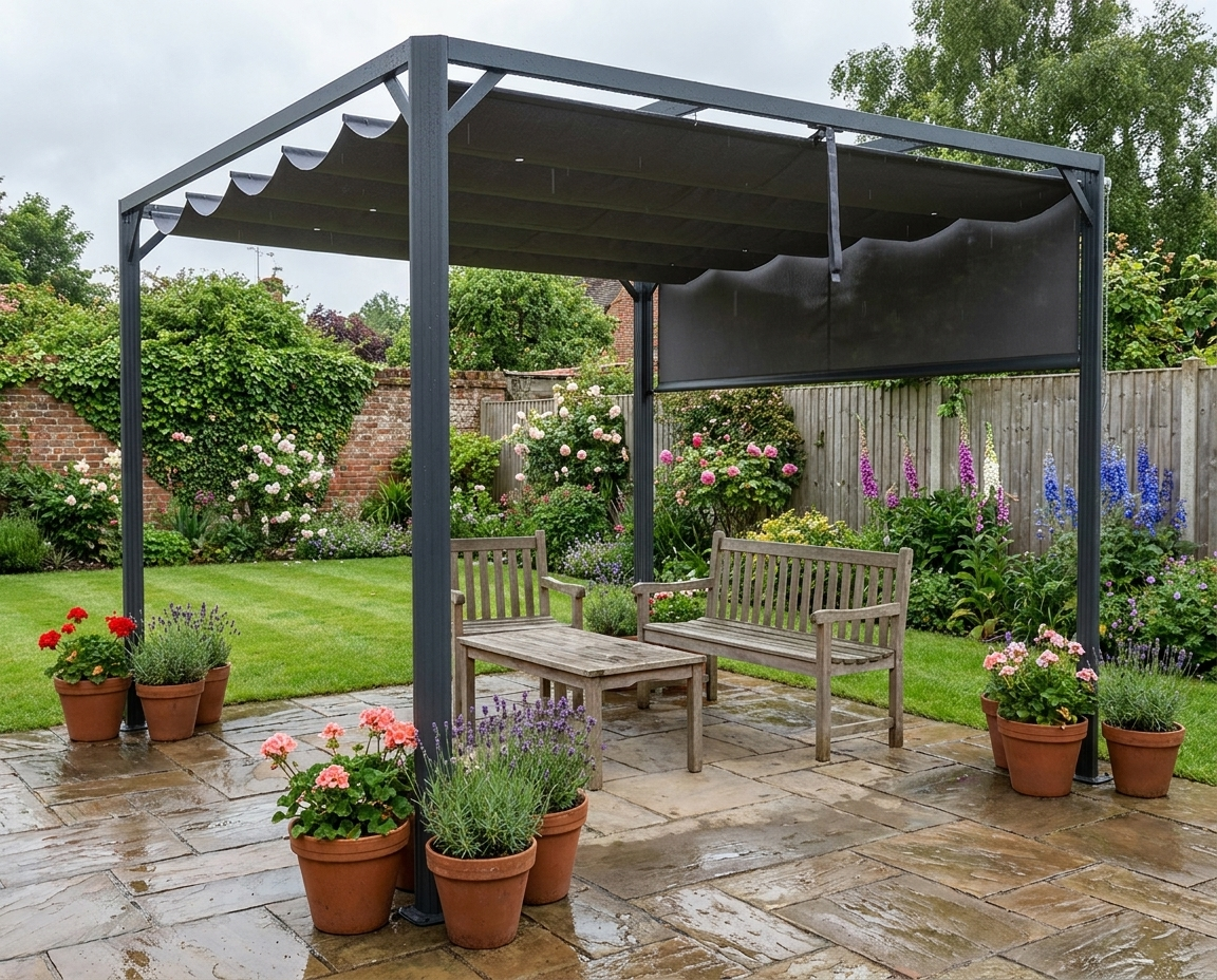 3m x 3m Aluminium Pergola With Retractable Roof and Wall - Dark Grey