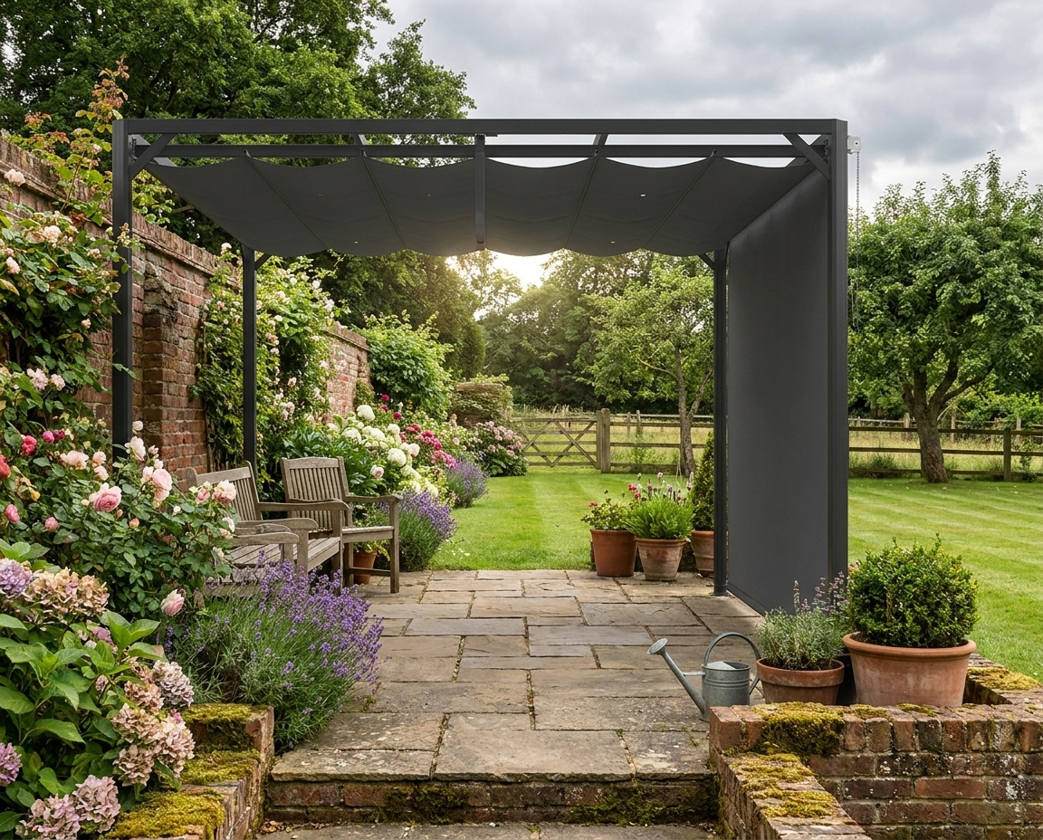 3m x 3m Aluminium Pergola With Retractable Roof and Wall - Dark Grey