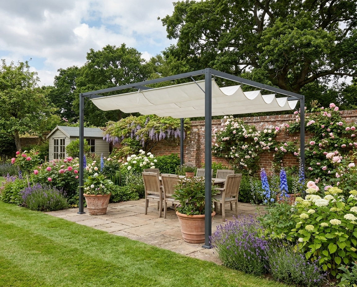 3m x 3m Lean-to Cream White Pergola With Grey Frame