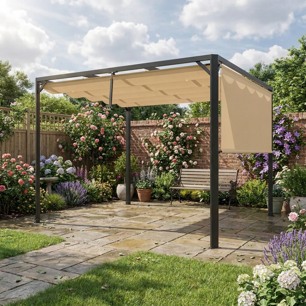 3m x 3m Aluminium Pergola With Retractable Roof and Wall - Khaki