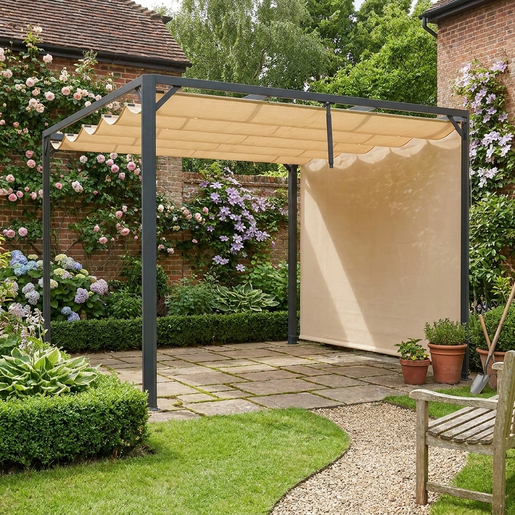 3m x 3m Aluminium Pergola With Retractable Roof and Wall - Khaki