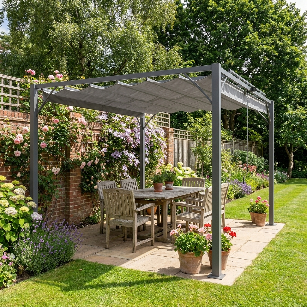 Grey Aluminium 3m x 3m Retractable Roof Patio Pergola - Hard Top/Heavy Duty Metal Pergola