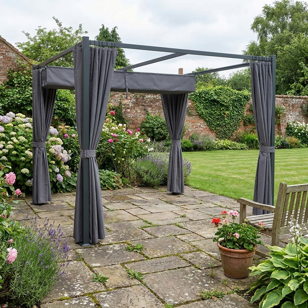 Charcoal 3m x 3m Retractable Pergola Shelter with Curtains - Perfect For patios