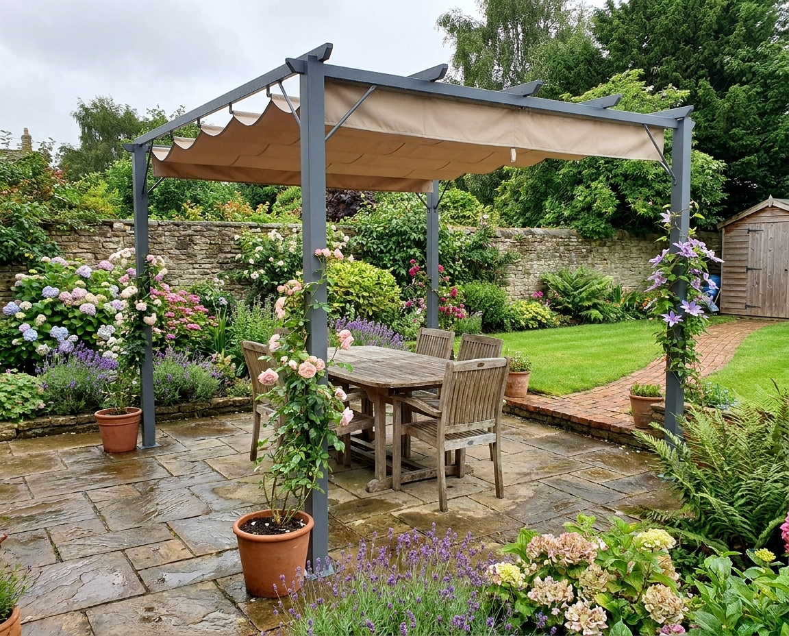 3 x 3 m Grey Retractable Roof Pergola - Outdoor Shade Canopy