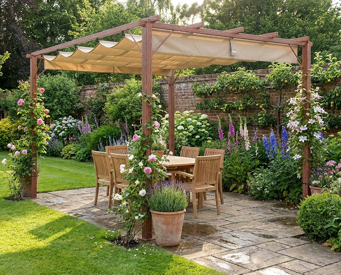 3 x 3 m Retractable Roof Pergola - Natural Wood Finish, Outdoor Shade Canopy
