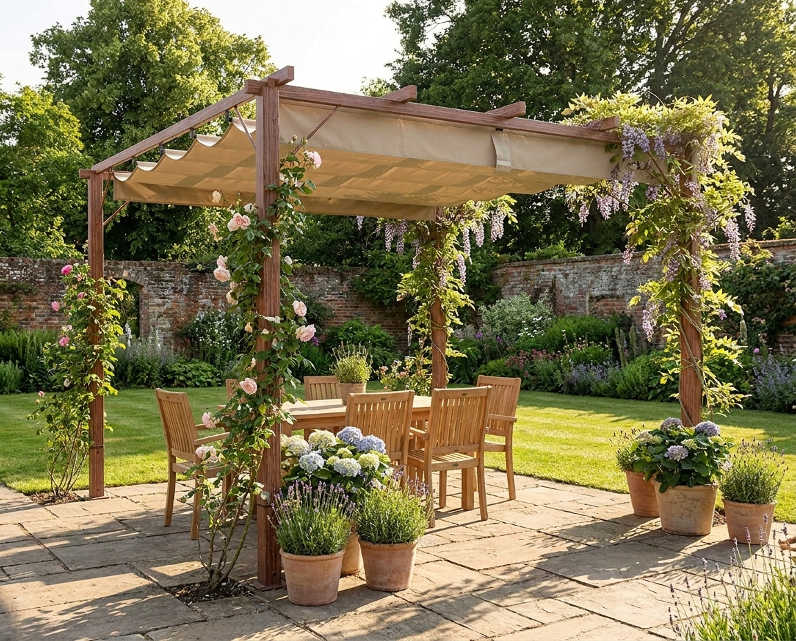 3 x 3 m Retractable Roof Pergola - Natural Wood Finish, Outdoor Shade Canopy