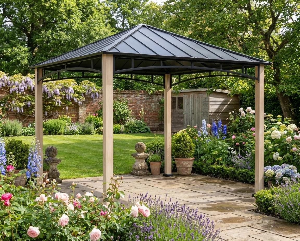 3m x 3m Black and Wood-Effect Metal Gazebo