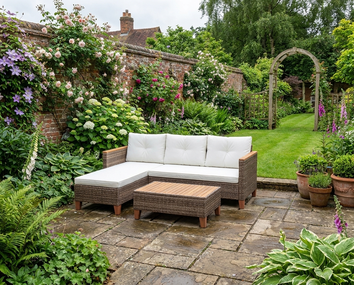 3-Piece Rattan Garden Furniture Set - L-Shaped Chaise Lounge & Coffee Table with Cushions