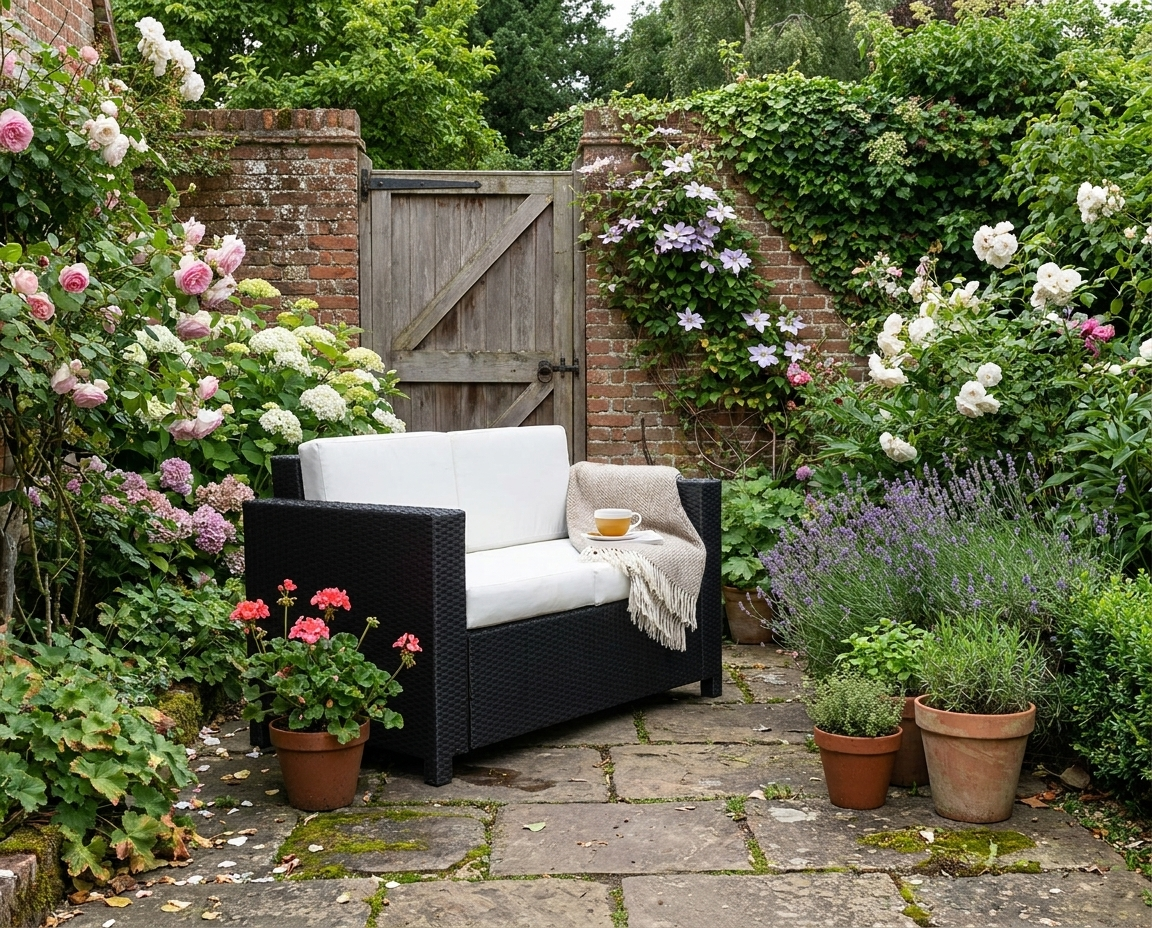 Black Rattan 2 Seater Garden Sofa with Soft Padded Cushions and Armrests - Wicker Loveseat for Patio