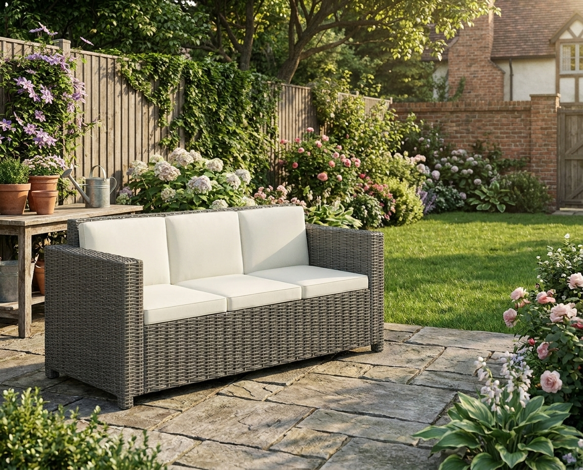 3 Seater Rattan Sofa - All-Weather Wicker Weave - Metal Frame - Fire Resistant Cushions - Cream
