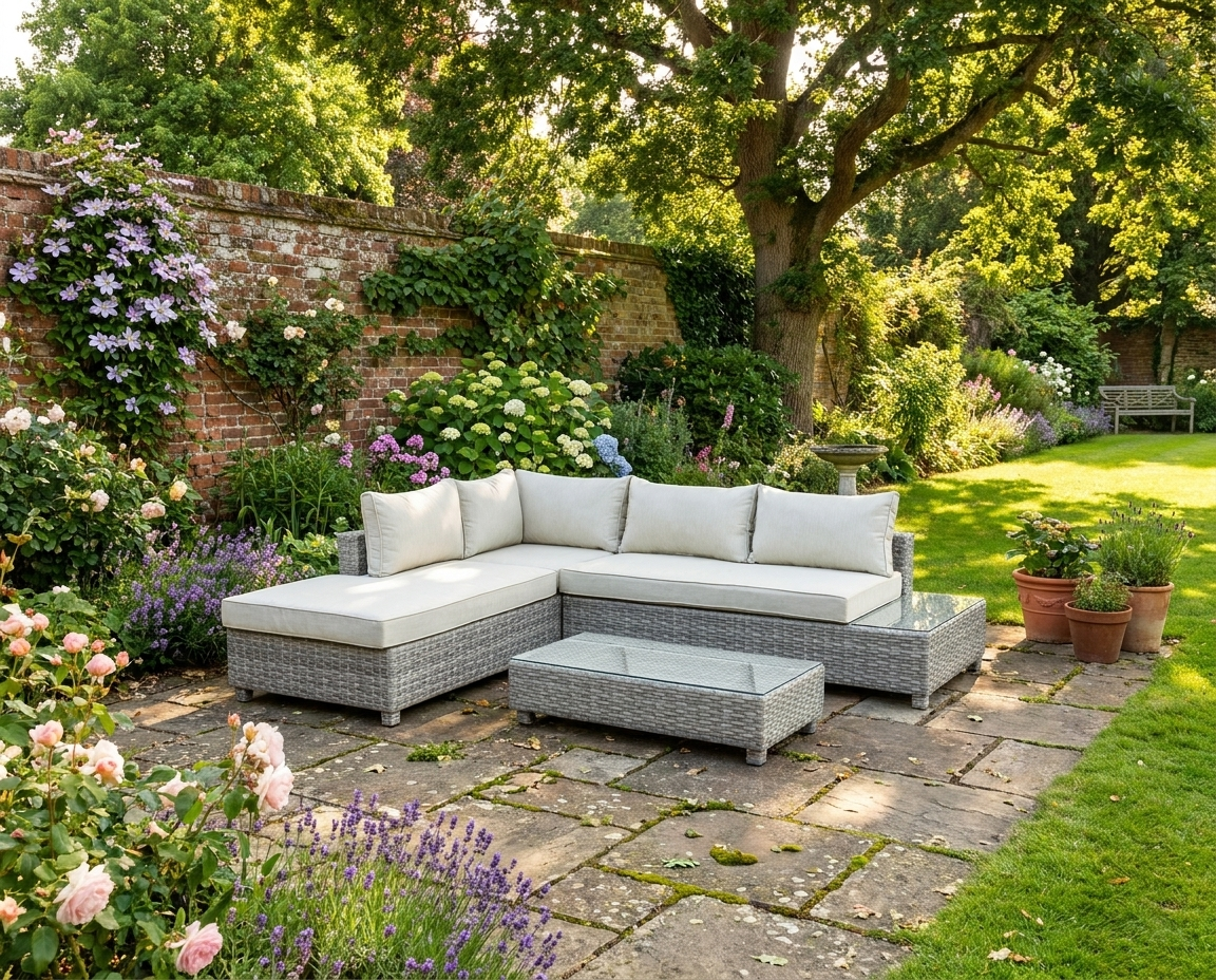 3 Seater Grey Rattan Sofa With Cream Cushions