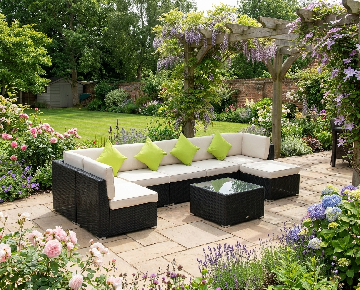 Black 8 Piece Rattan Corner Sofa Set - Washable Cushion Covers & Tempered Glass Table
