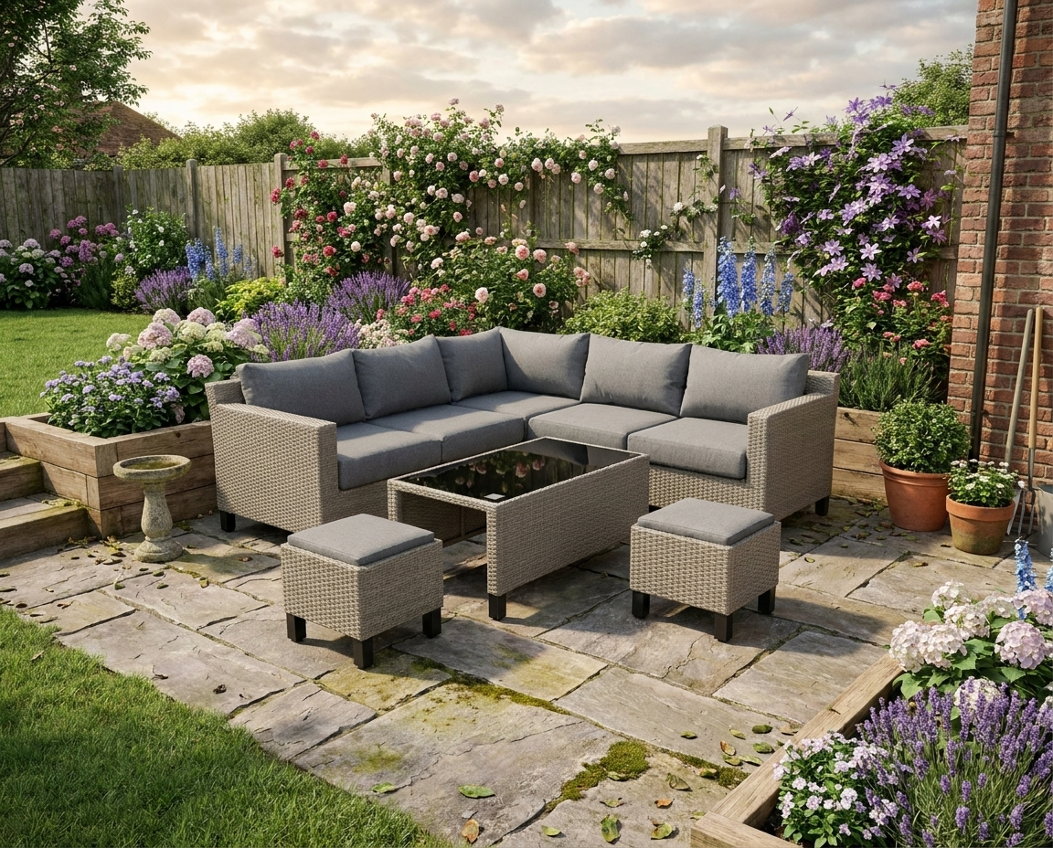 8 Piece Grey Rattan Sofa Set With Tempered Glass Coffee Table & Cushions