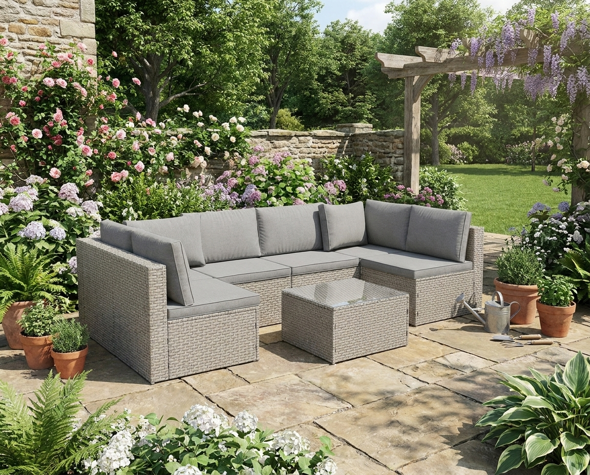 Grey Seven-Piece Modular Rattan Furniture Set for Outdoor Patio and Garden