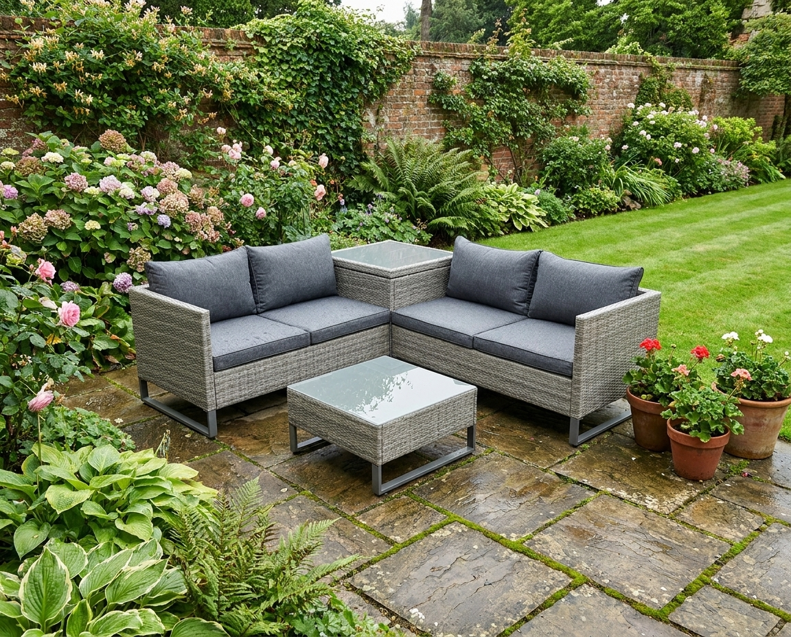 x2 Mixed Grey Rattan Sofas With Grey Cushions and Table Set with Side Storage - For Corner & Patio