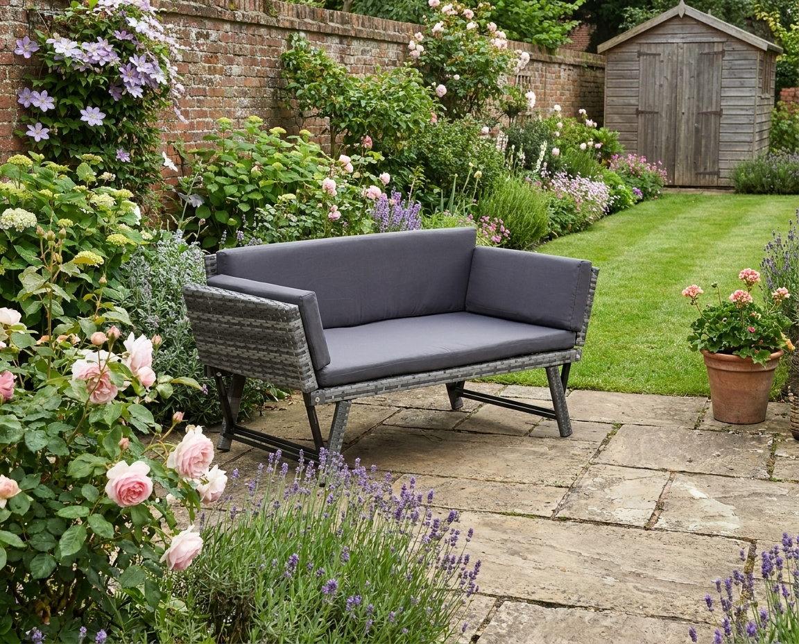 2-in-1 Rattan Daybed Sofa with Left Up or Down Armrests - Garden Chaise Lounger Loveseat