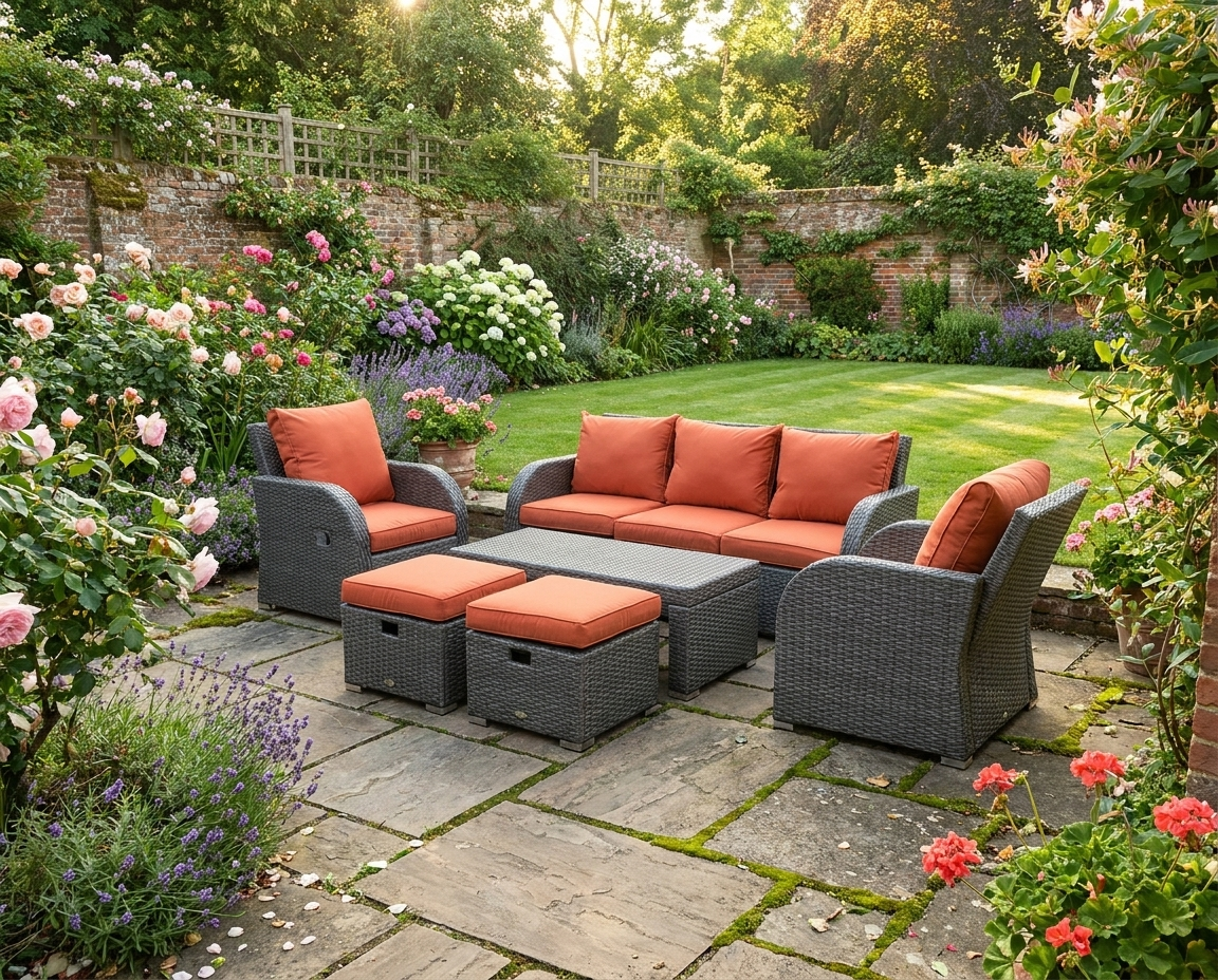 3-Seater Orange Cushioned Rattan Sofa With 2 Armchairs and 2 Footstools + Coffee Table