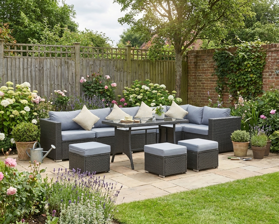 9-Seater Rattan Corner Sofa Set - 10 Pieces With Grey Frame and Dusty Blue Cushions