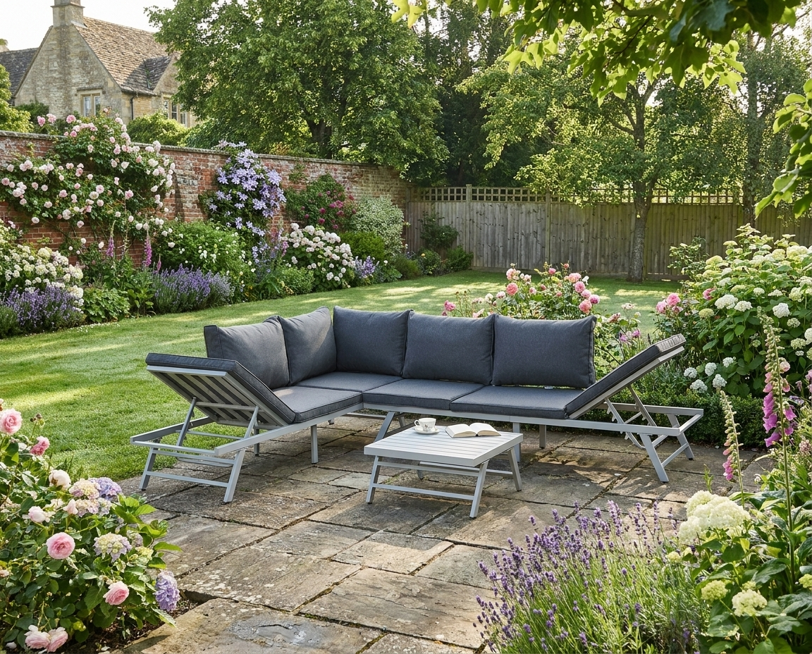 Grey Metal Garden Furniture Set With Slatted Top Table